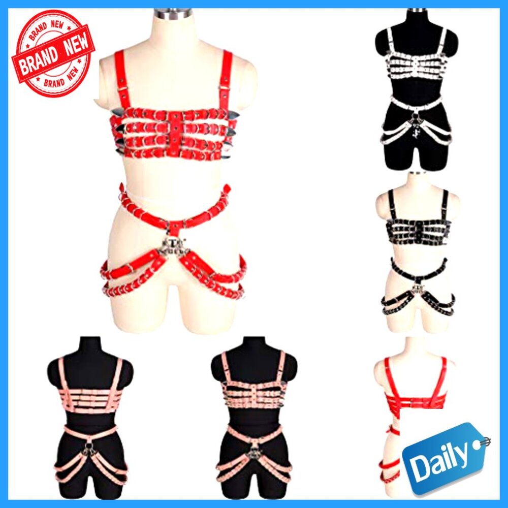 Leather Body Harness Bra Garter Belt Set, Adjustable Punk Gothic Costume - Picture 7 of 7